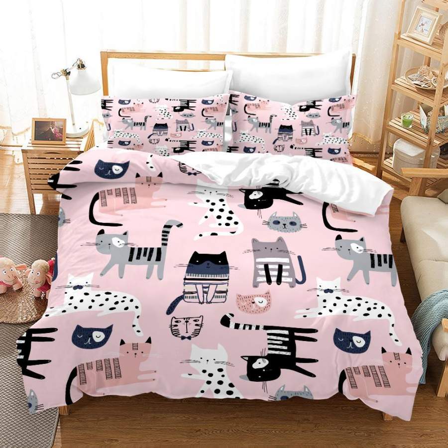 3D Pink Cartoon Cat Kitty Quilt Cover Set Bedding Set Duvet Cover Pillowcases SF42