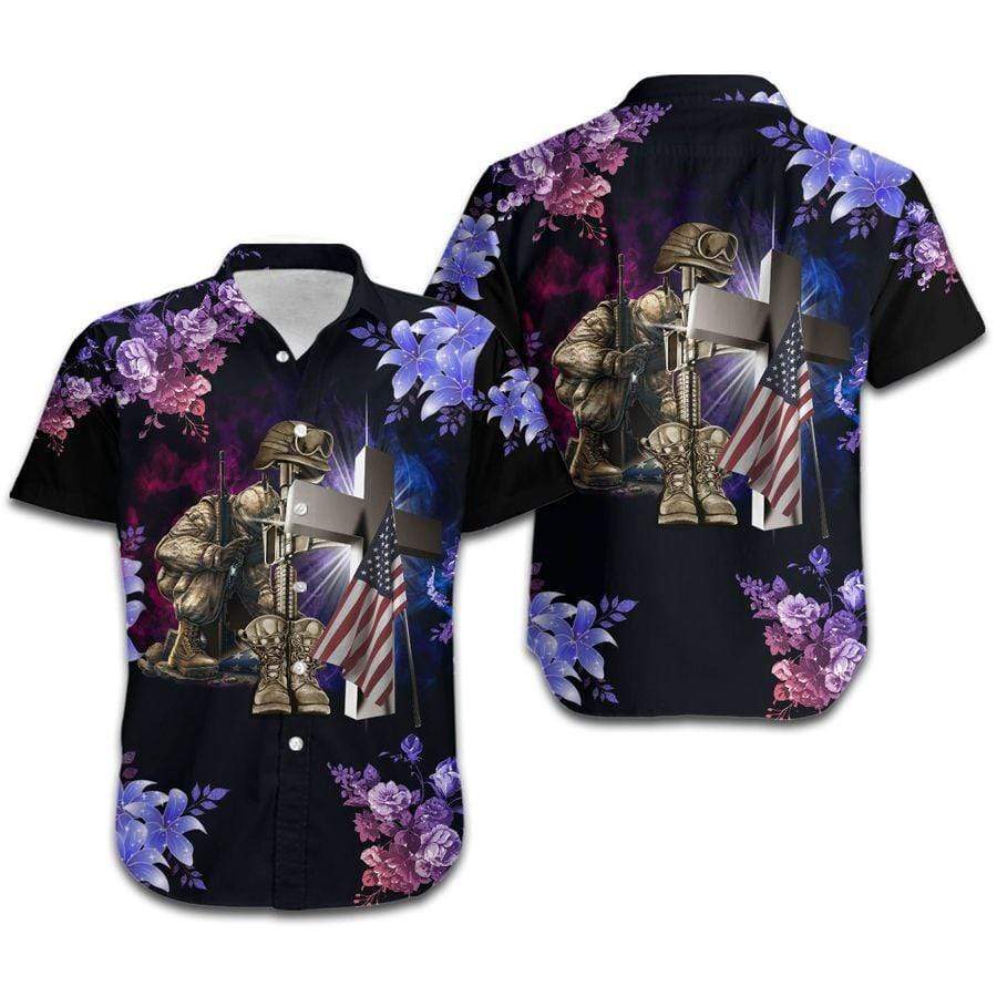 Veteran And Jesus Cross Red Blue Tropical Aloha Hawaiian Shirts