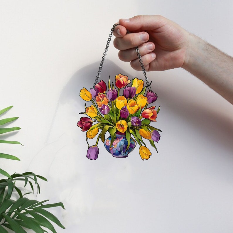 Tulip Flowers Purple Vase – Gift For Friends, Family Members – Window Hanging Suncatcher Ornament