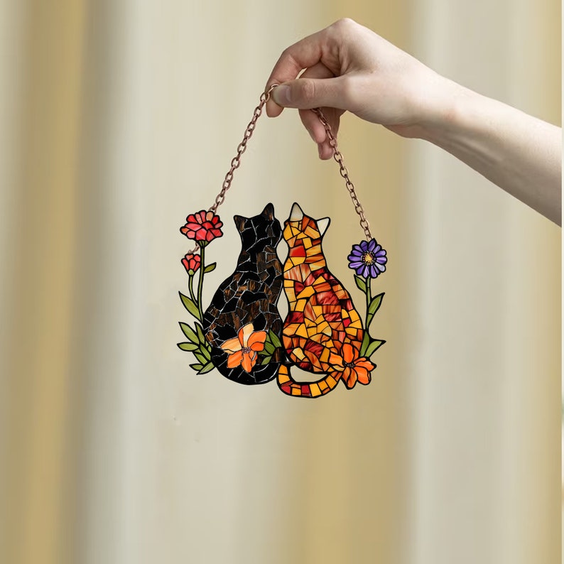 A Couple Of Cats And Flowers – Gift For Pet Lovers – Window Hanging Suncatcher Ornament