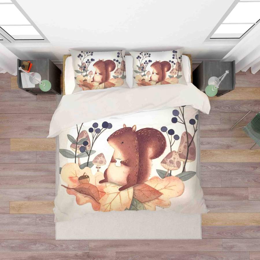 3D Squirrel Mushroom Leaves Quilt Cover Set Bedding Set Duvet Cover Pillowcases SF071