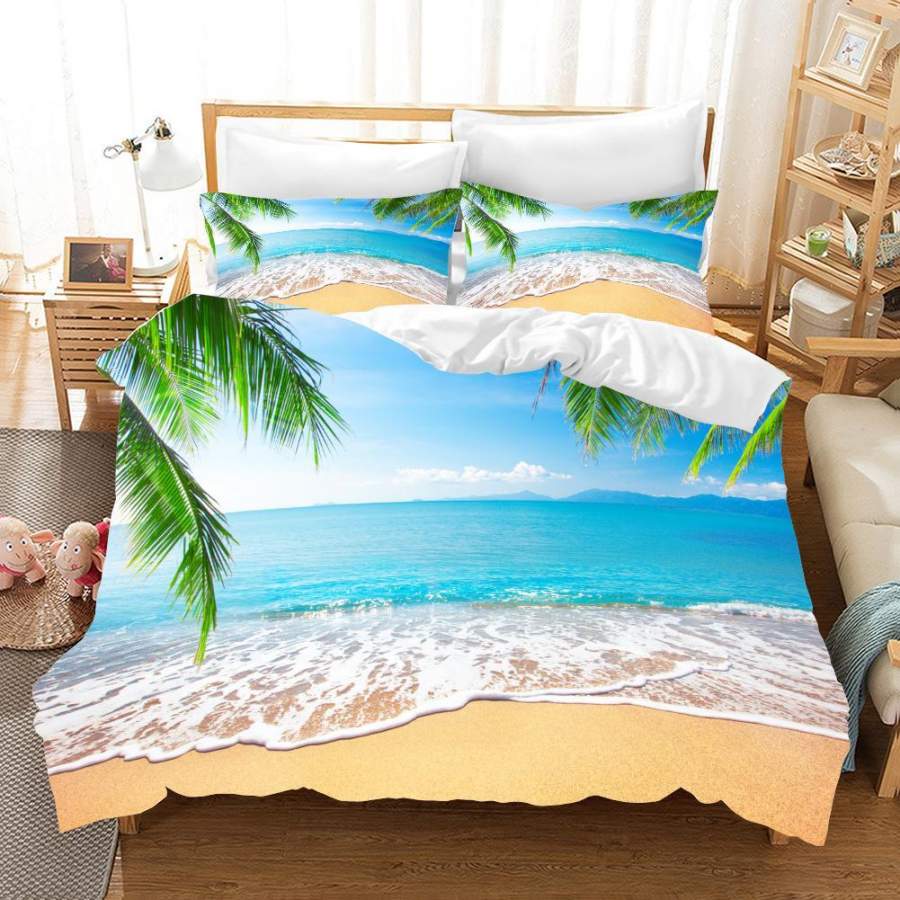 3D Blue Sea Beach Tree Quilt Cover Set Bedding Set Pillowcases 103