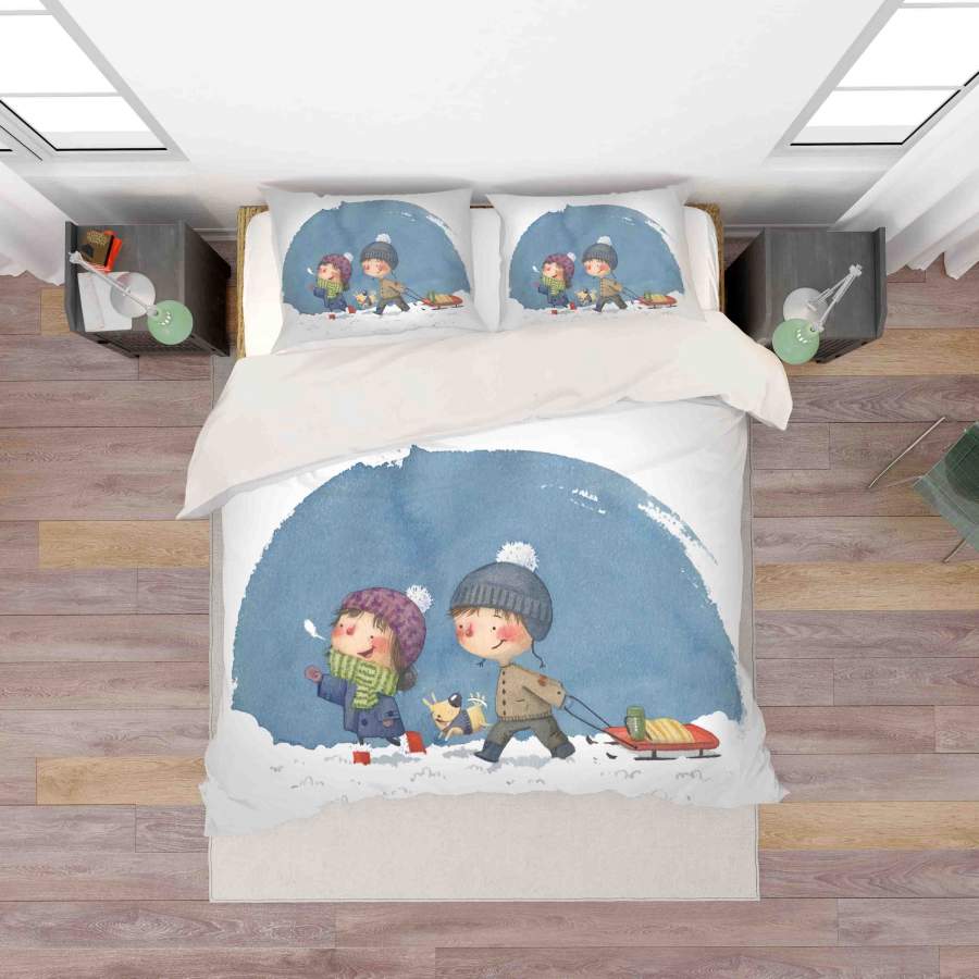 3D White Blue Cartoon Child Kid Dog Snow Winter Quilt Cover Set Bedding Set Duvet Cover Pillowcases SF059