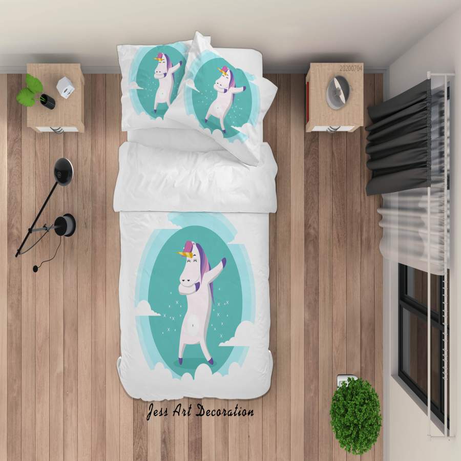 3D White Green Unicorn Quilt Cover Set Bedding Set Duvet Cover Pillowcases SF158