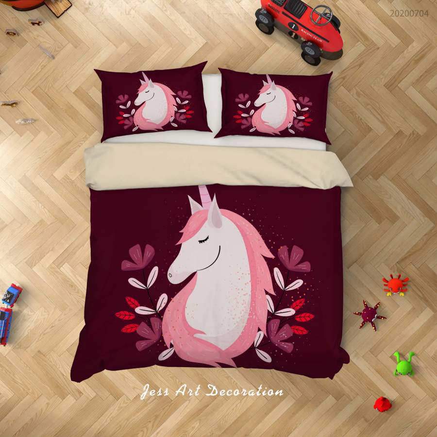 3D Claret Floral Unicorn Quilt Cover Set Bedding Set Duvet Cover Pillowcases SF287