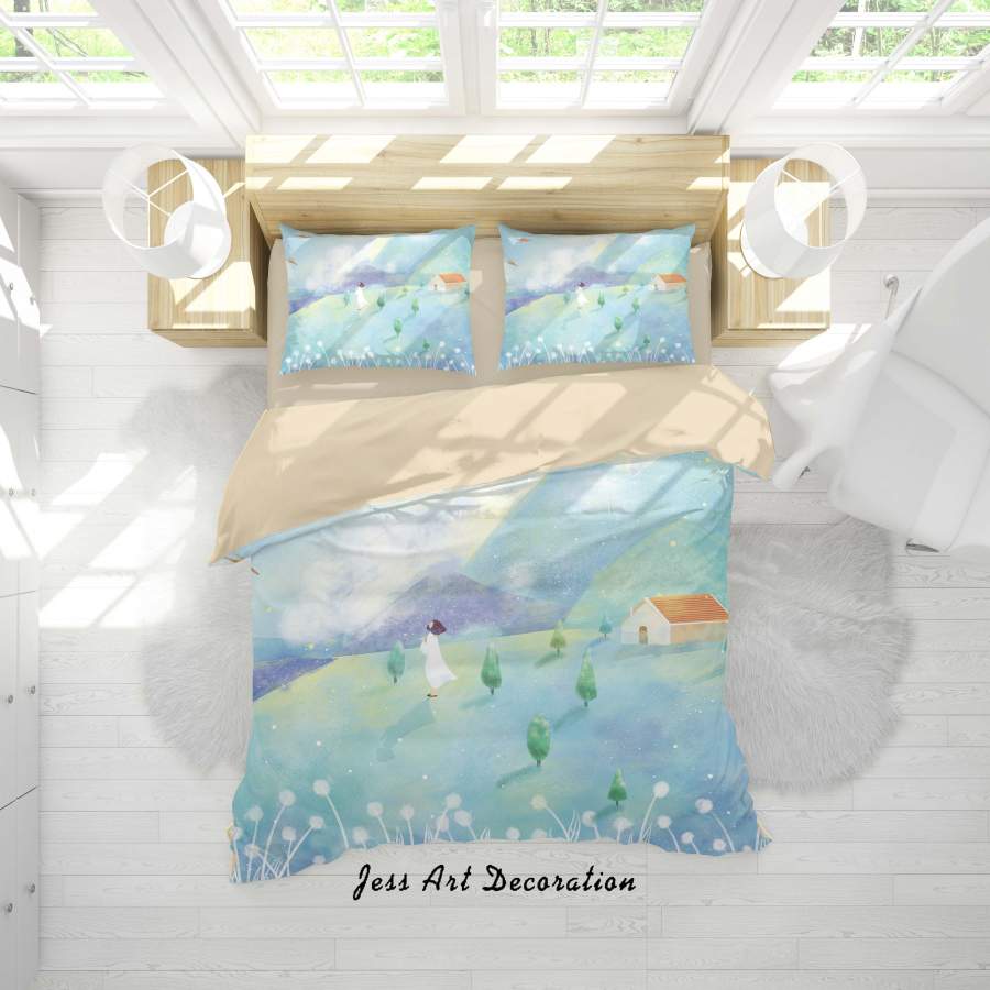 3D Mountain House Girl Green Painting Quilt Cover Set Bedding Set Duvet Cover Pillowcases A493 LQH