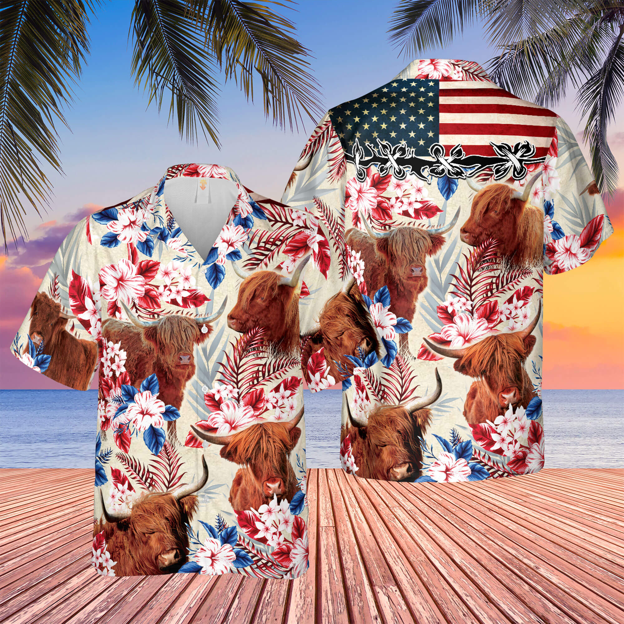 Unique Highland Cattle American Flag Hawaiian Flowers All Over Printed 3D Hawaiian Shirt