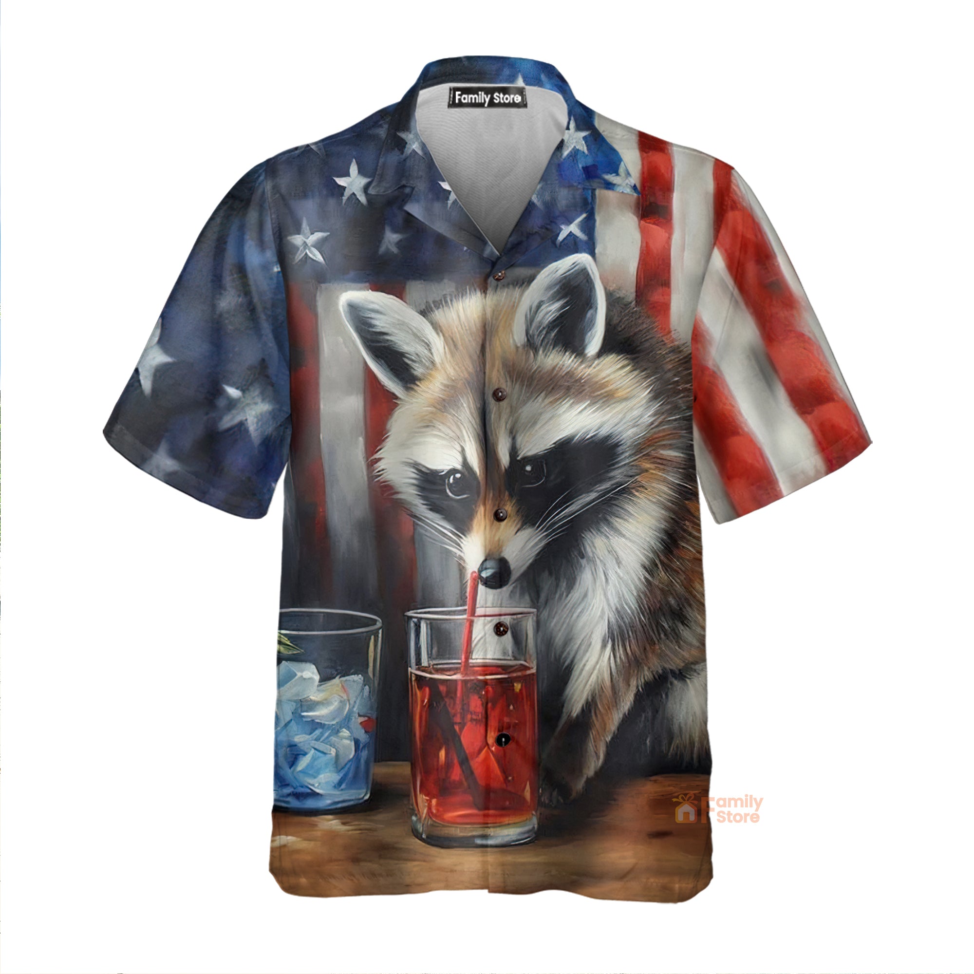 Usa Flag Raccoon Chest Pocket Short Sleeve Casual Shirt Hawaiian Shirt