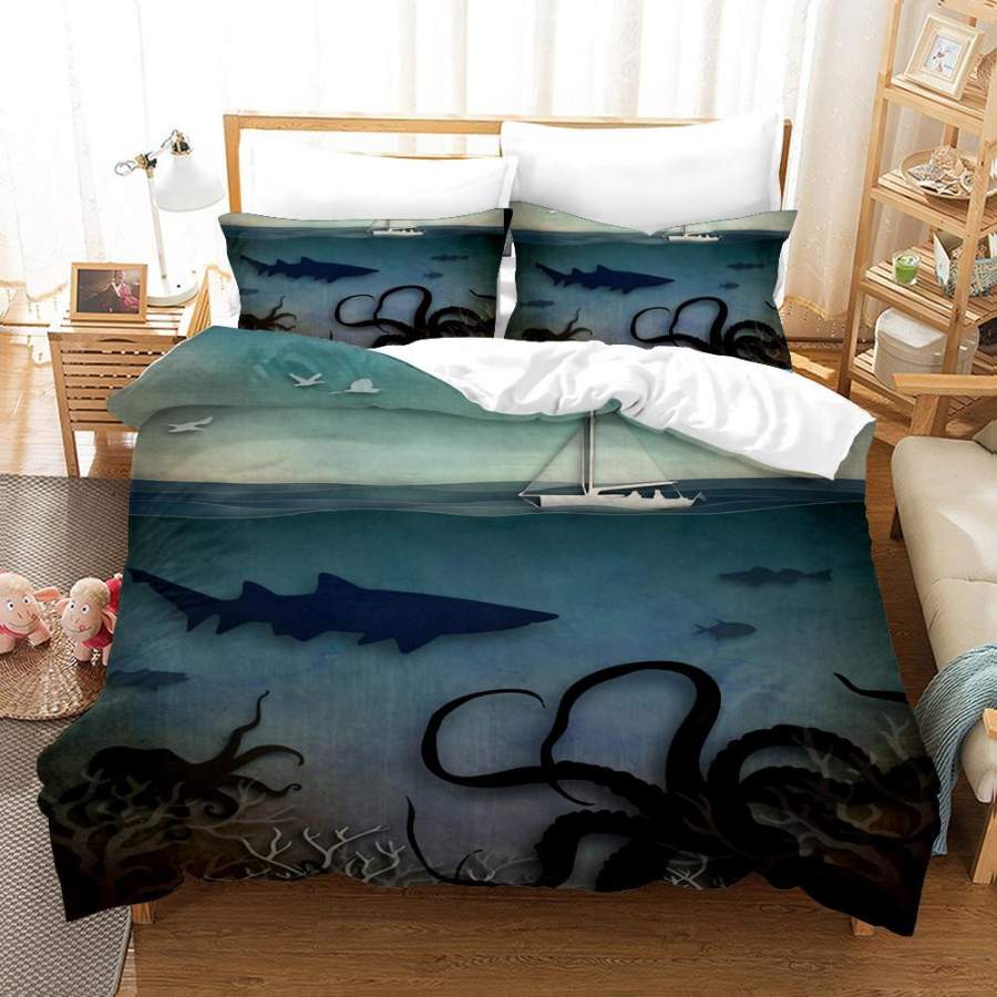 3D Blue Shark Octopus Sailboat Ocean Quilt Cover Set Bedding Set Pillowcases 132