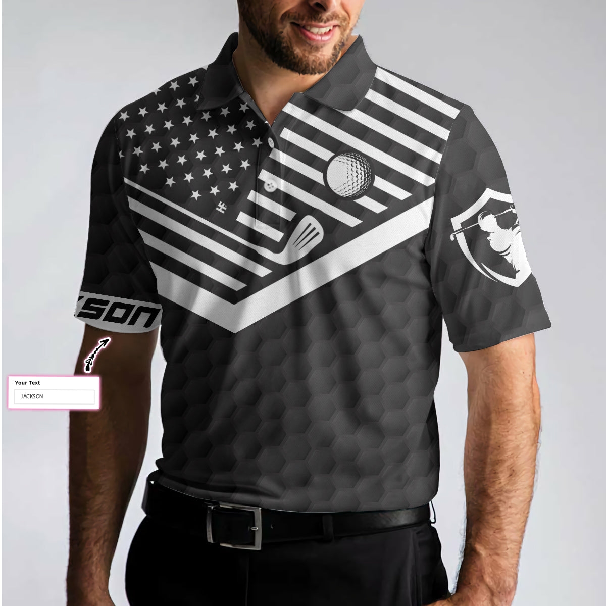 Personalized Golf Ball And Club Black American Flag Men Polo Shirt