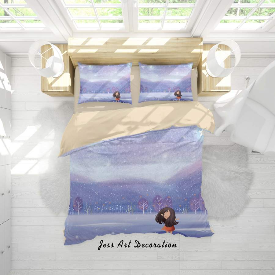 3D Cartoon Blue Tree Leaf Girl Quilt Cover Set Bedding Set Duvet Cover Pillowcases A568 LQH