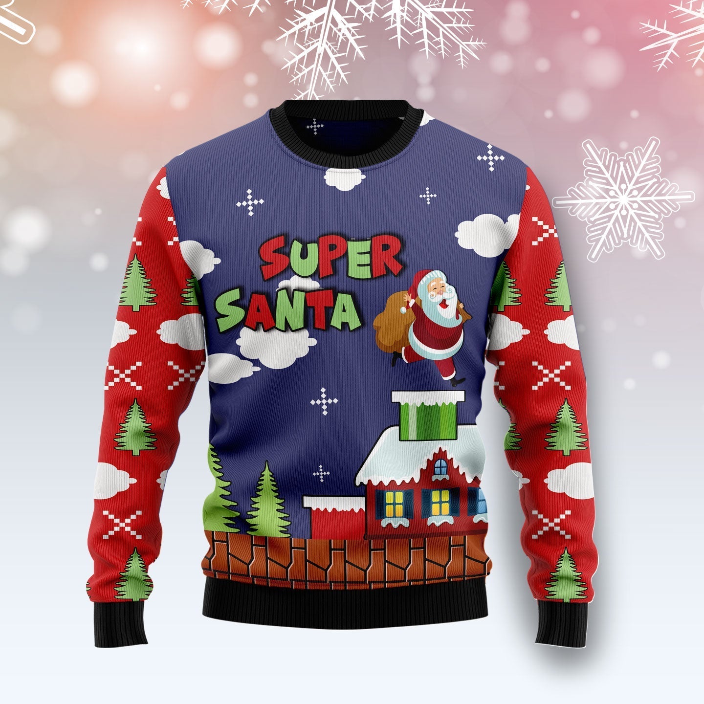 Super Santa Runs Into A Chimney Christmas Funny Ugly Sweater