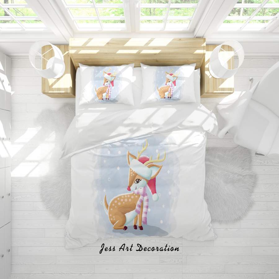 3D White Sika Deer Winter Quilt Cover Set Bedding Set Duvet Cover Pillowcases SF37