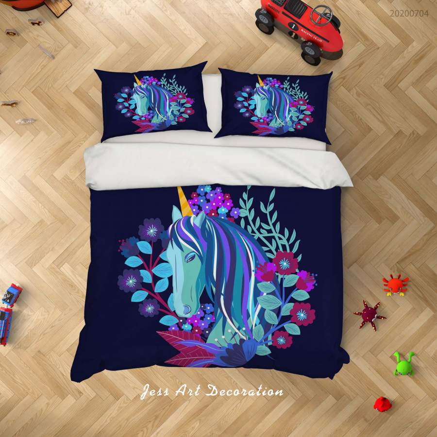 3D Dark Floral Unicorn Quilt Cover Set Bedding Set Duvet Cover Pillowcases SF224