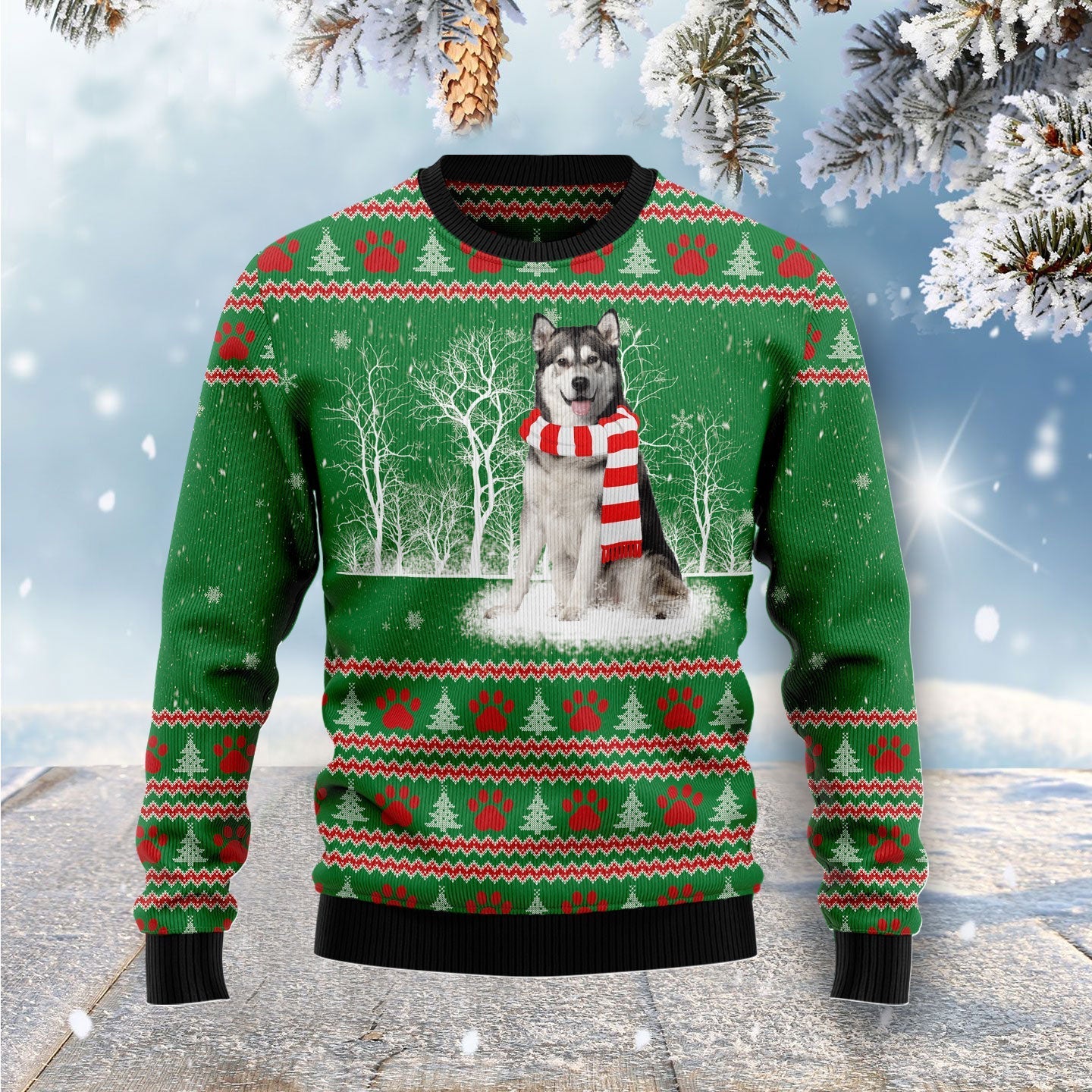 Alaskan Malamute Winter Tree Couples Matching Funny Family Ugly Sweater