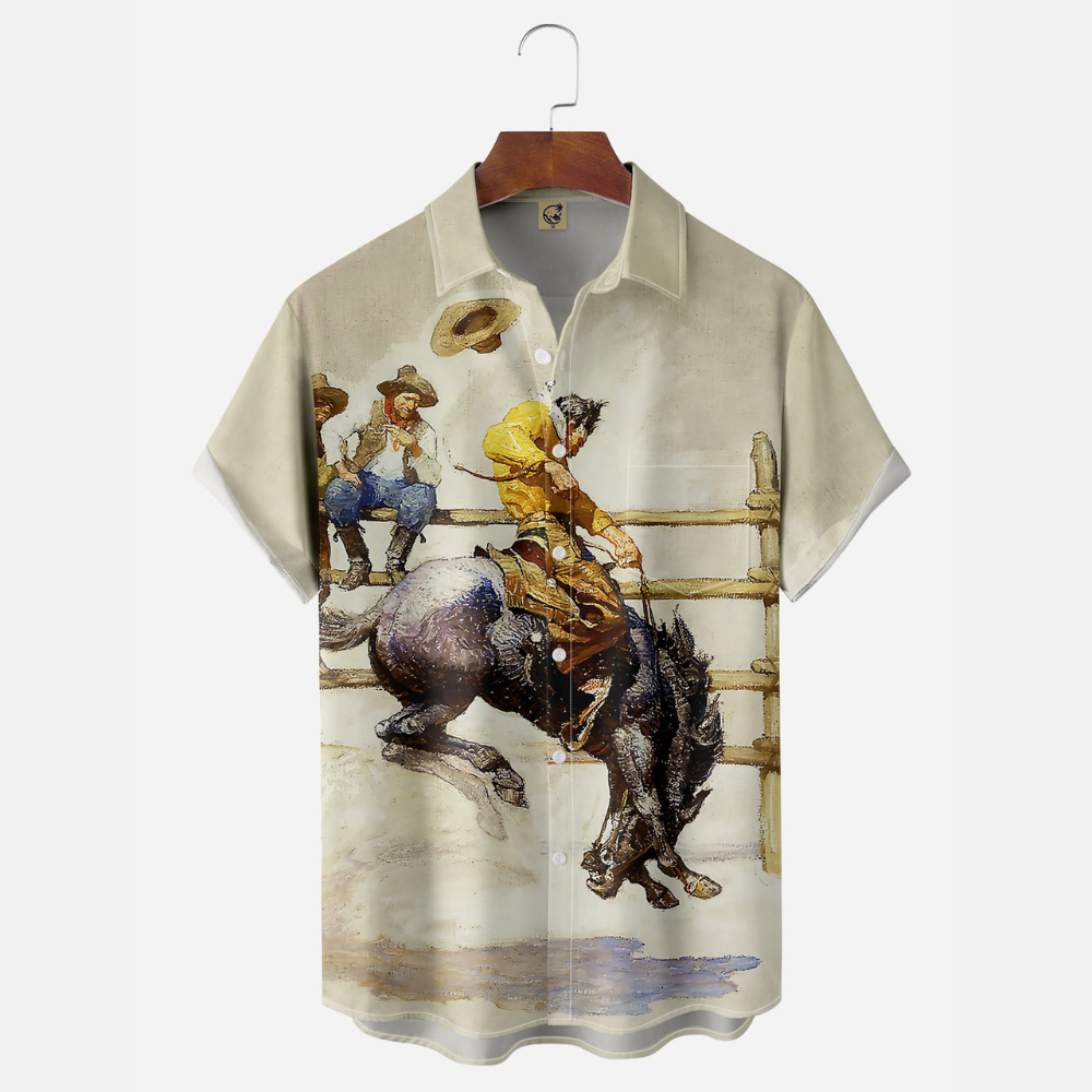 Vintage Cowboy Bullfight Painting – Hawaiian Shirt