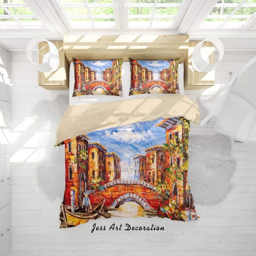 3D Oil Painting City House Bridge Quilt Cover Set Bedding Set Duvet Cover Pillowcases A071 LQH