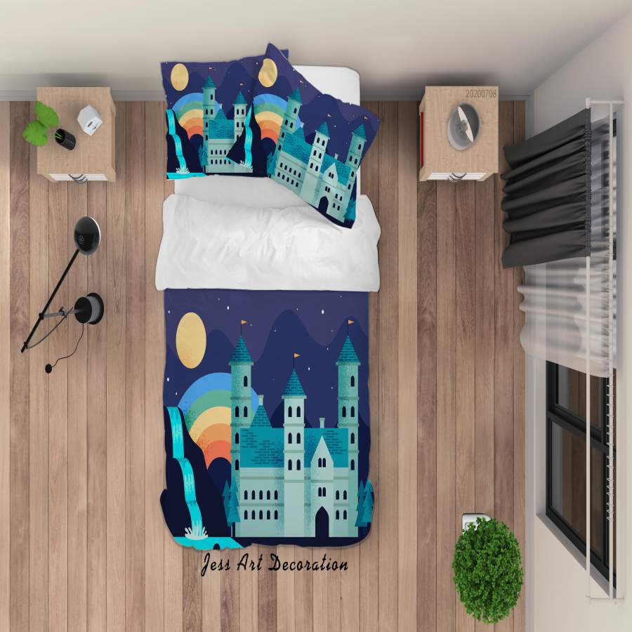 3D Blue Castle Waterfall Rainbow Quilt Cover Set Bedding Set Duvet Cover Pillowcases SF22