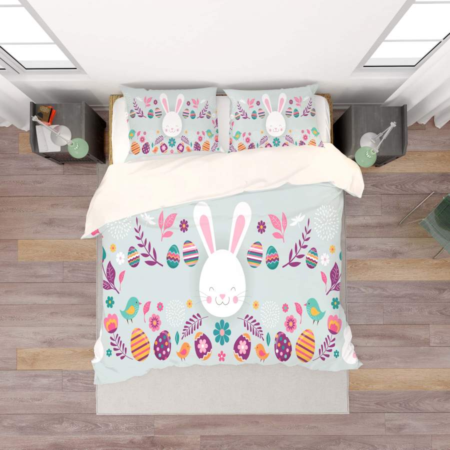 3D Gray Rabbit Birds Floral Eggs Quilt Cover Set Bedding Set Duvet Cover Pillowcases SF45