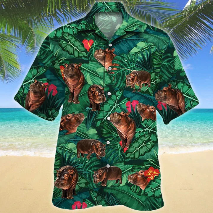 Tropical Hippo, Casual Button Down Short Sleeve Shirt