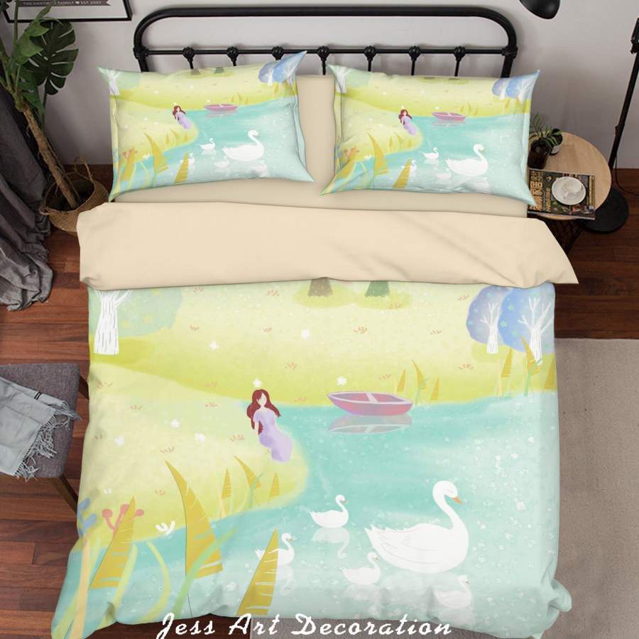 3D Cartoon Lake Goose Girl Quilt Cover Set Bedding Set Duvet Cover Pillowcases A606 LQH