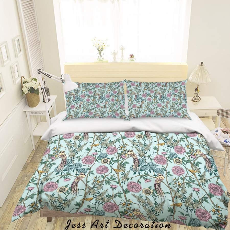 3D Blue Floral Birds Quilt Cover Set Bedding Set Duvet Cover Pillowcases SF134