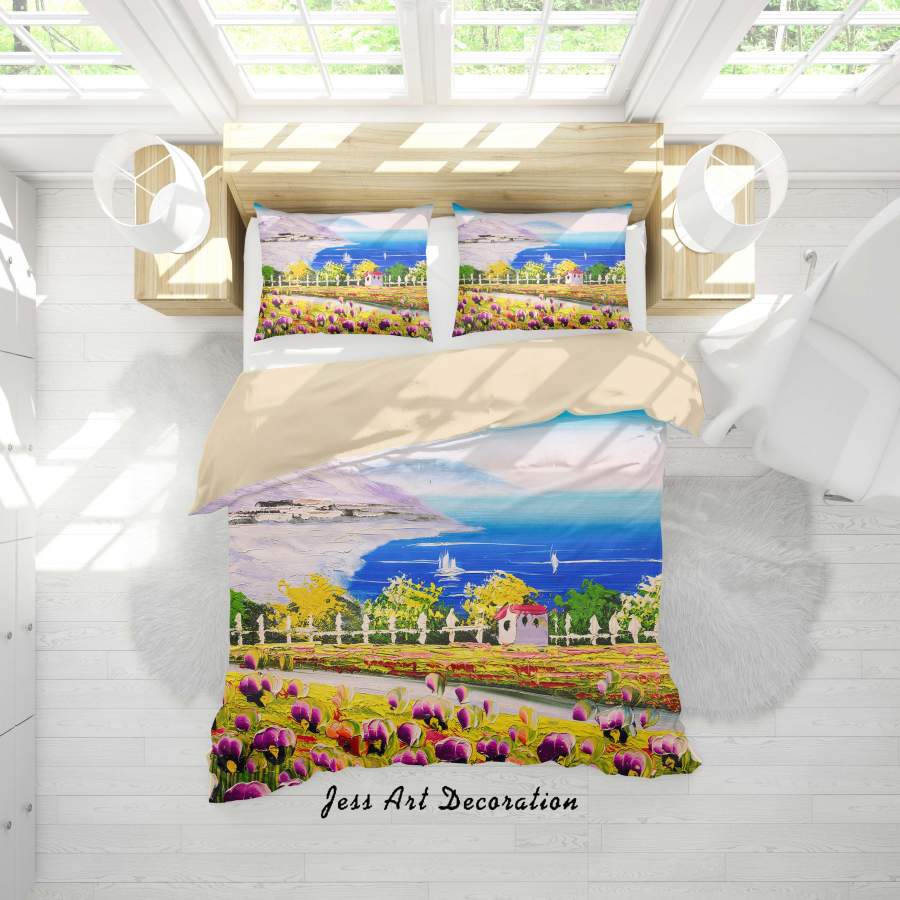 3D Flower Oil Painting Seaside Path Quilt Cover Set Bedding Set Duvet Cover Pillowcases 075 LQH