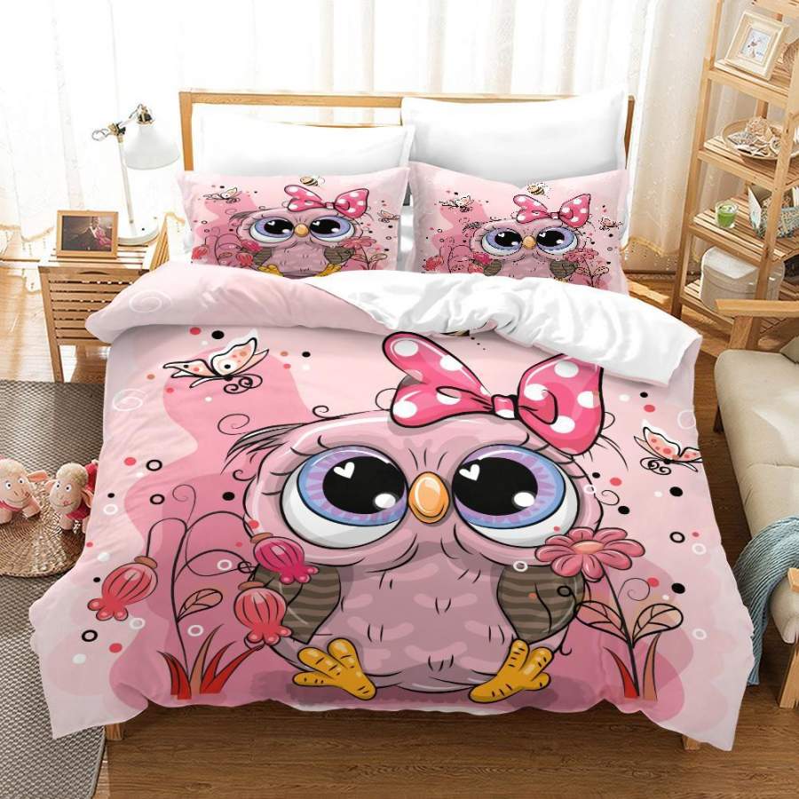 3D Pink Floral Butterfly Owl Quilt Cover Set Bedding Set Duvet Cover Pillowcases SF73