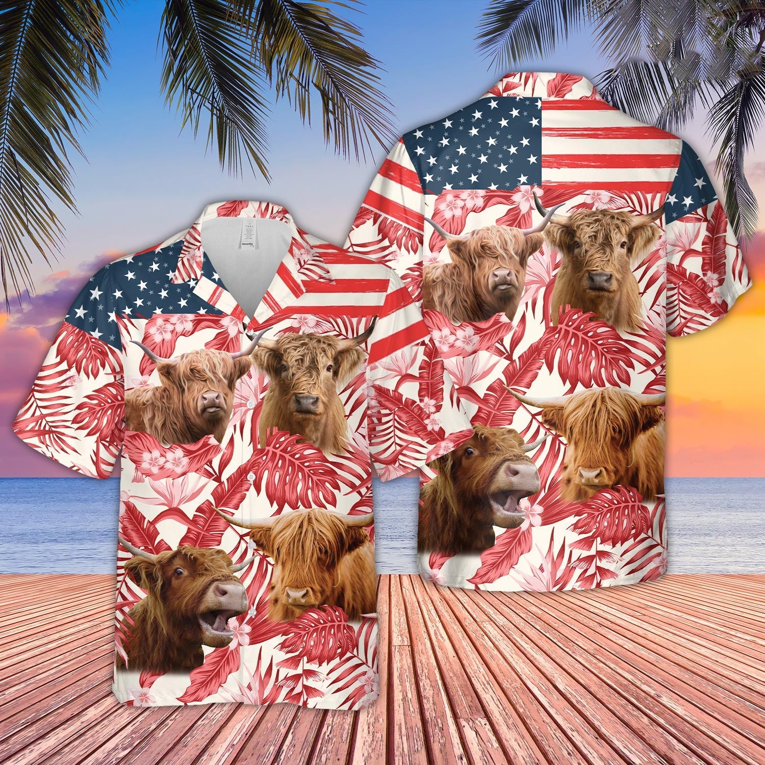 Unique Highland Red Floral Us Flag 3D Hawaiian Shirt