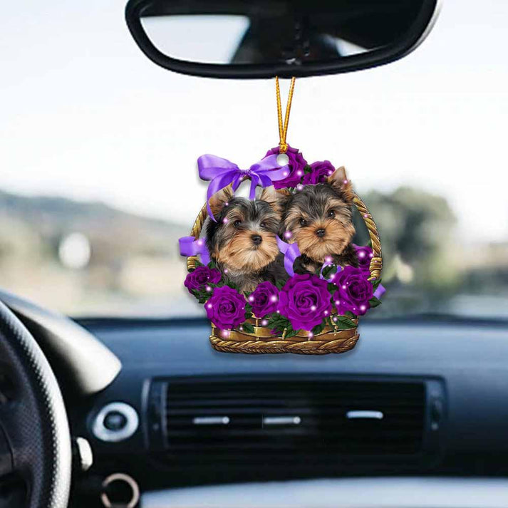 Yorkshire Terrier Purple Rose Wicker Basket Shape Ornament