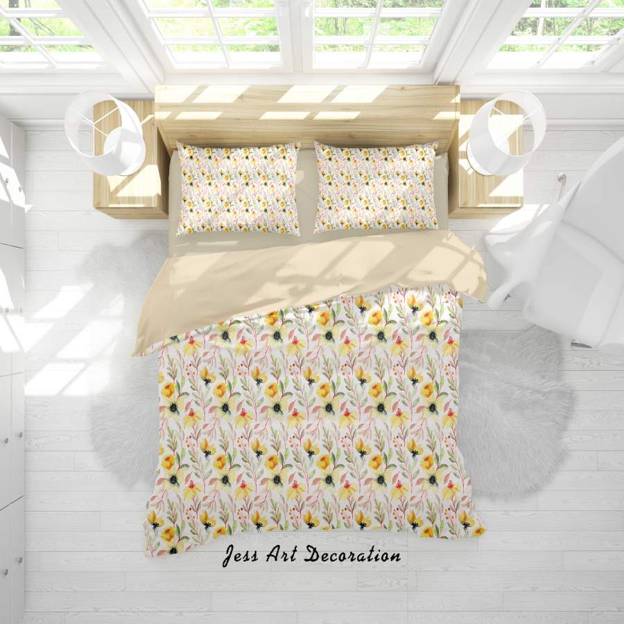 3D Watercolor Yellow Flowers Quilt Cover Set Bedding Set Duvet Cover Pillowcases A371 LQH