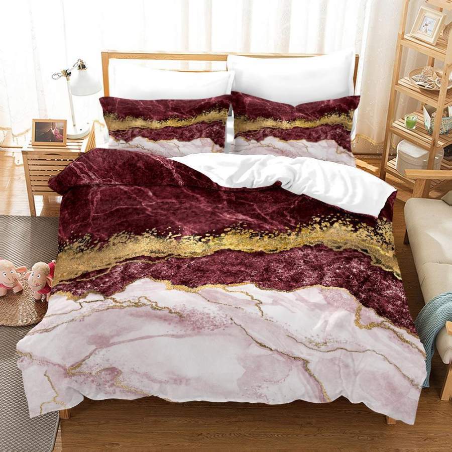 3D Wine Red Gold Marble Quilt Cover Set Bedding Set Duvet Cover Pillowcases A410 LQH