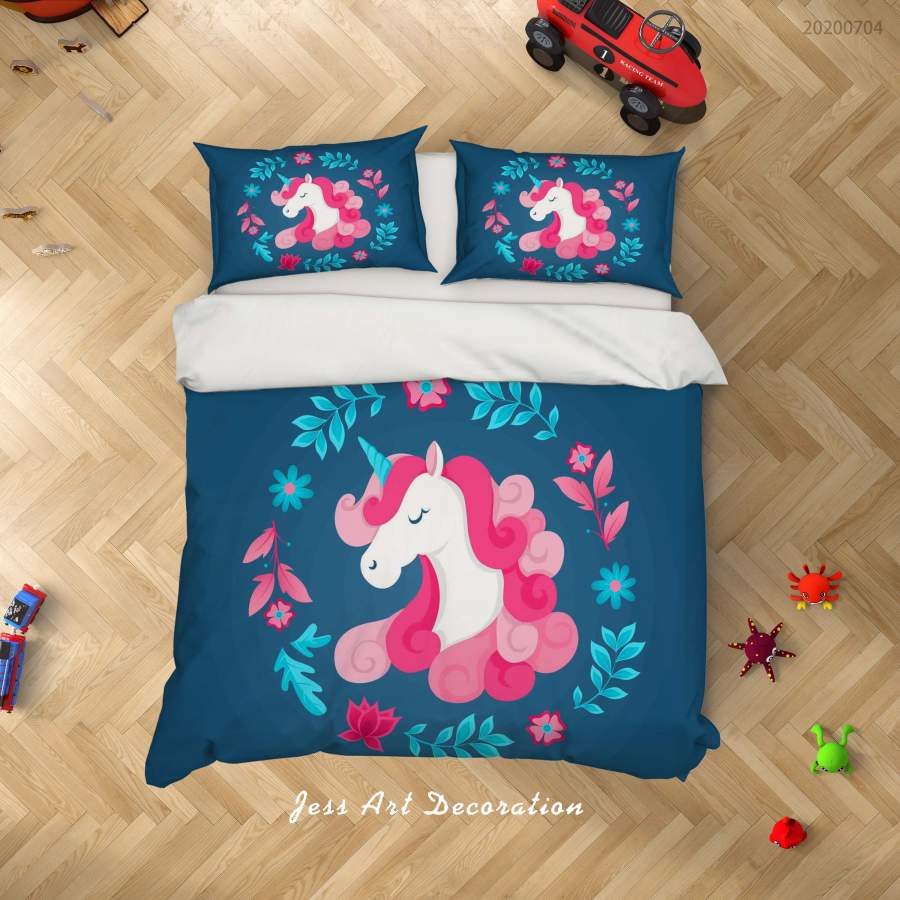 3D Blue Floral Unicorn Quilt Cover Set Bedding Set Duvet Cover Pillowcases SF233