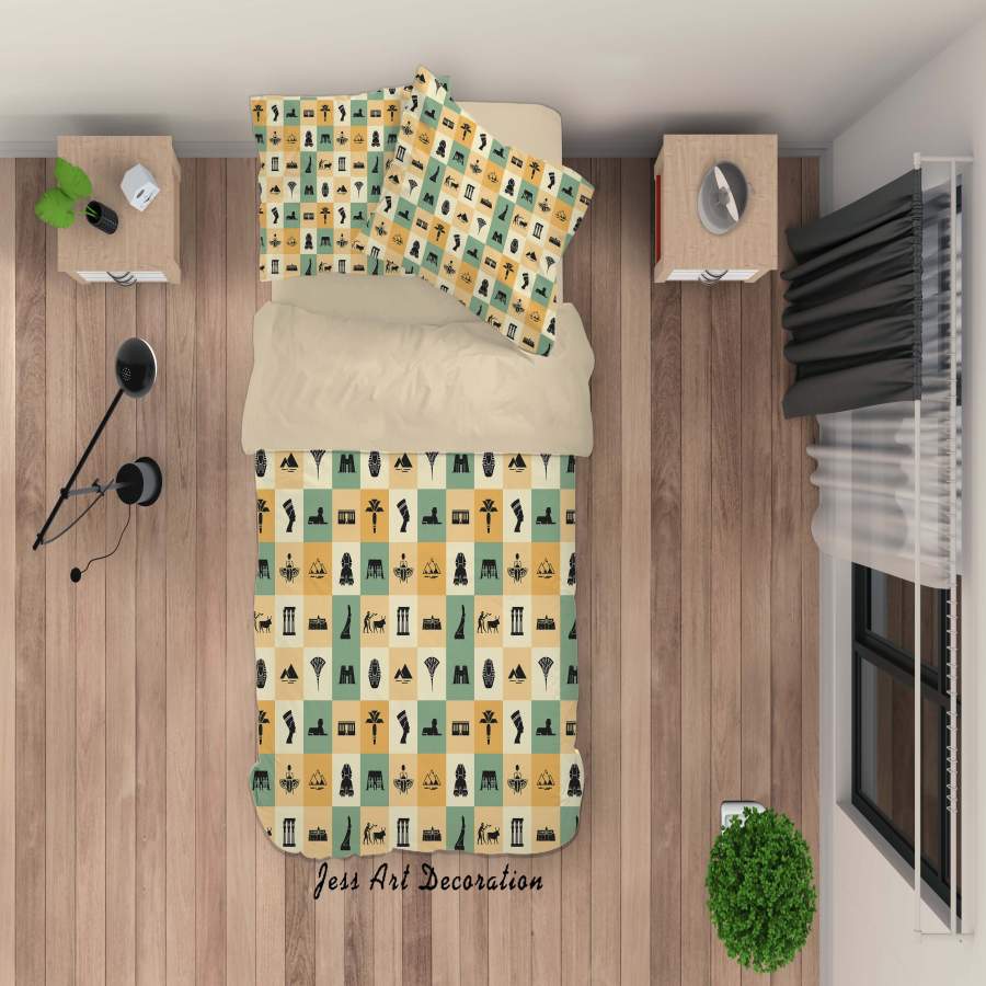 3D Green Yellow Icon Egypt Sphinx Grid Quilt Cover Set Bedding Set Duvet Cover Pillowcases SF4