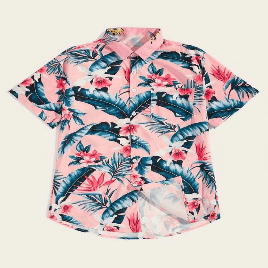 Tropical & Floral Pink Print Hawaiian Aloha Shirts #h