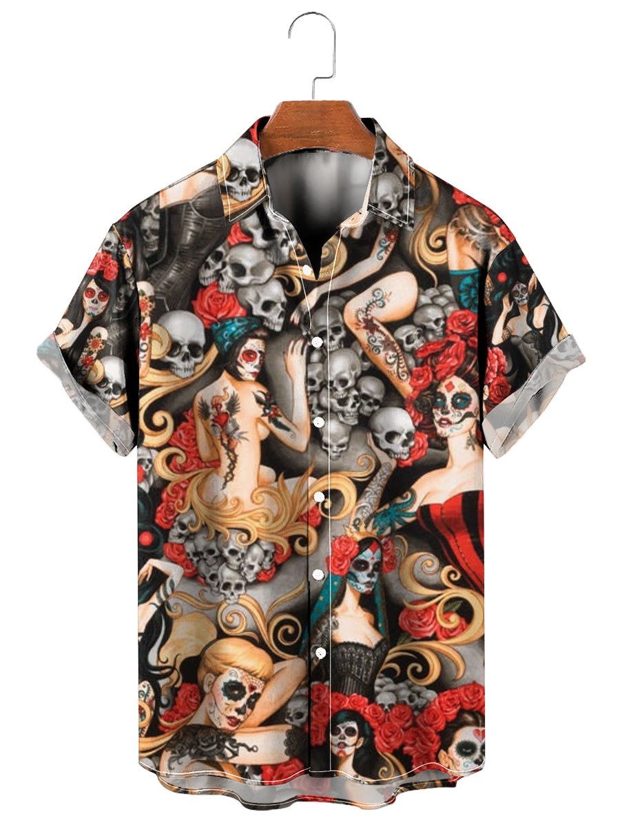 Vintage Skull Beauty Print Short Sleeve Hawaiian Shirt