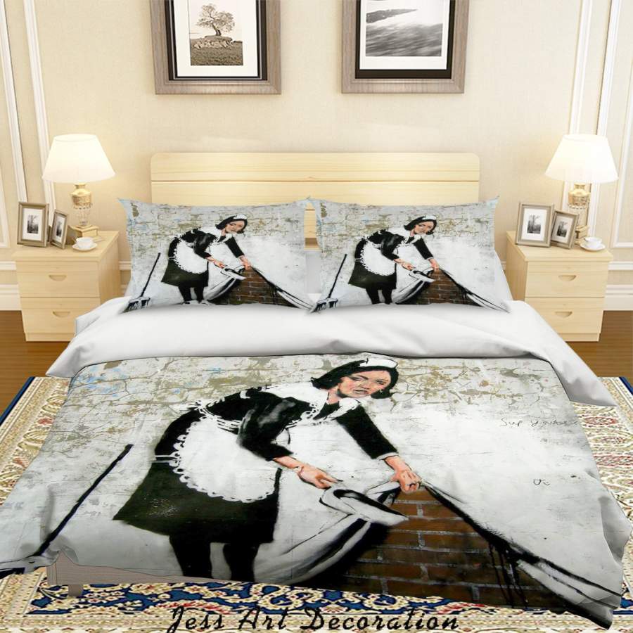 3D Banksy Busy Maidservant Black White Quilt Cover Set Bedding Set Duvet Cover Pillowcases  ZY D33