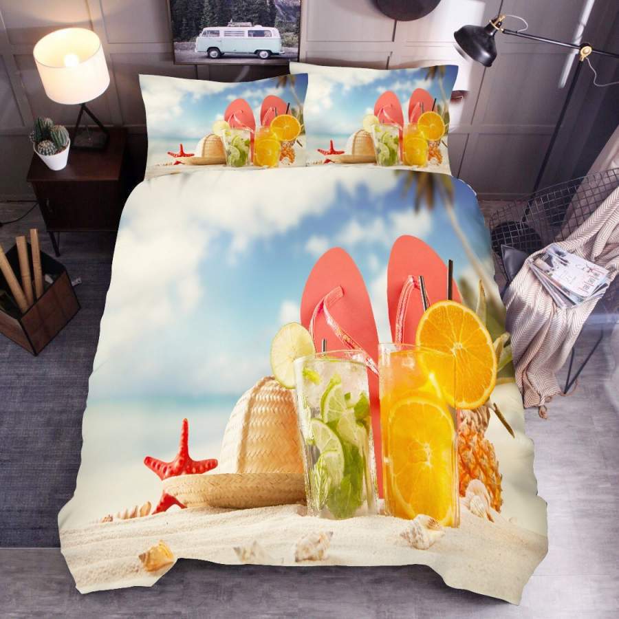 3D Straw Hat Flip Flop Drink Starfish Quilt Cover Set Bedding Set Duvet Cover Pillowcases SF79