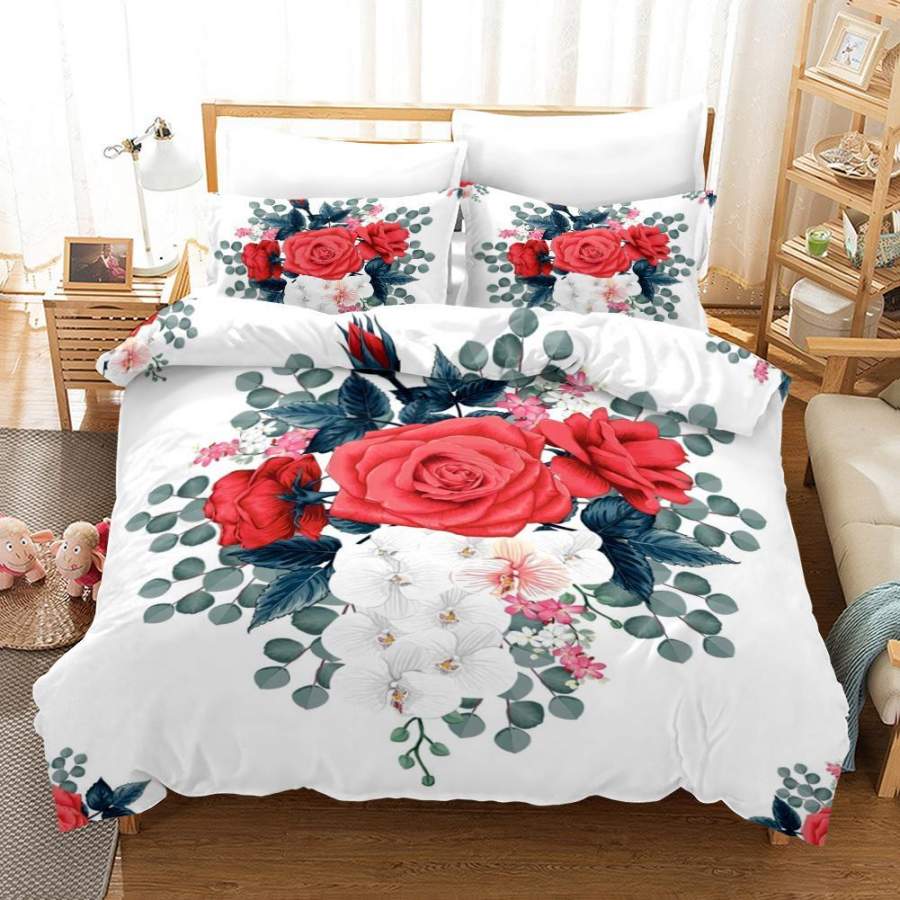 3D Beautiful Red Rose  White Flowers Quilt Cover Set Bedding Set Pillowcases  6