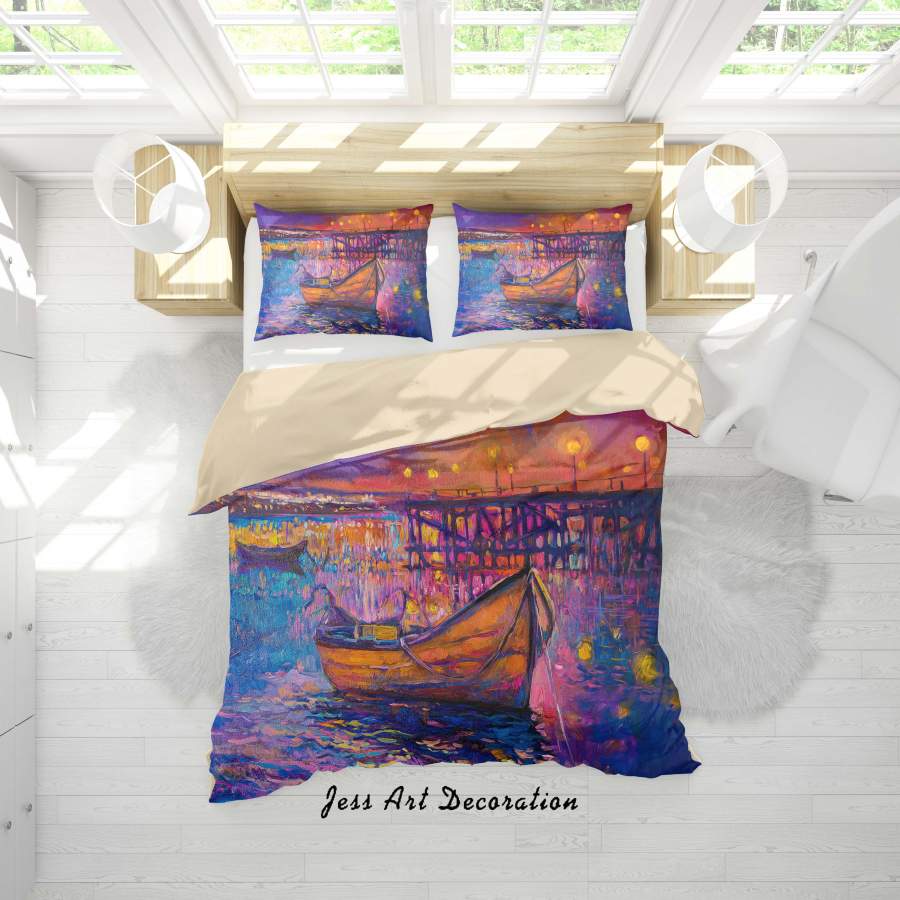 3D Boat Bridge Landscape Oil Painting Quilt Cover Set Bedding Set Duvet Cover Pillowcases A038 LQH