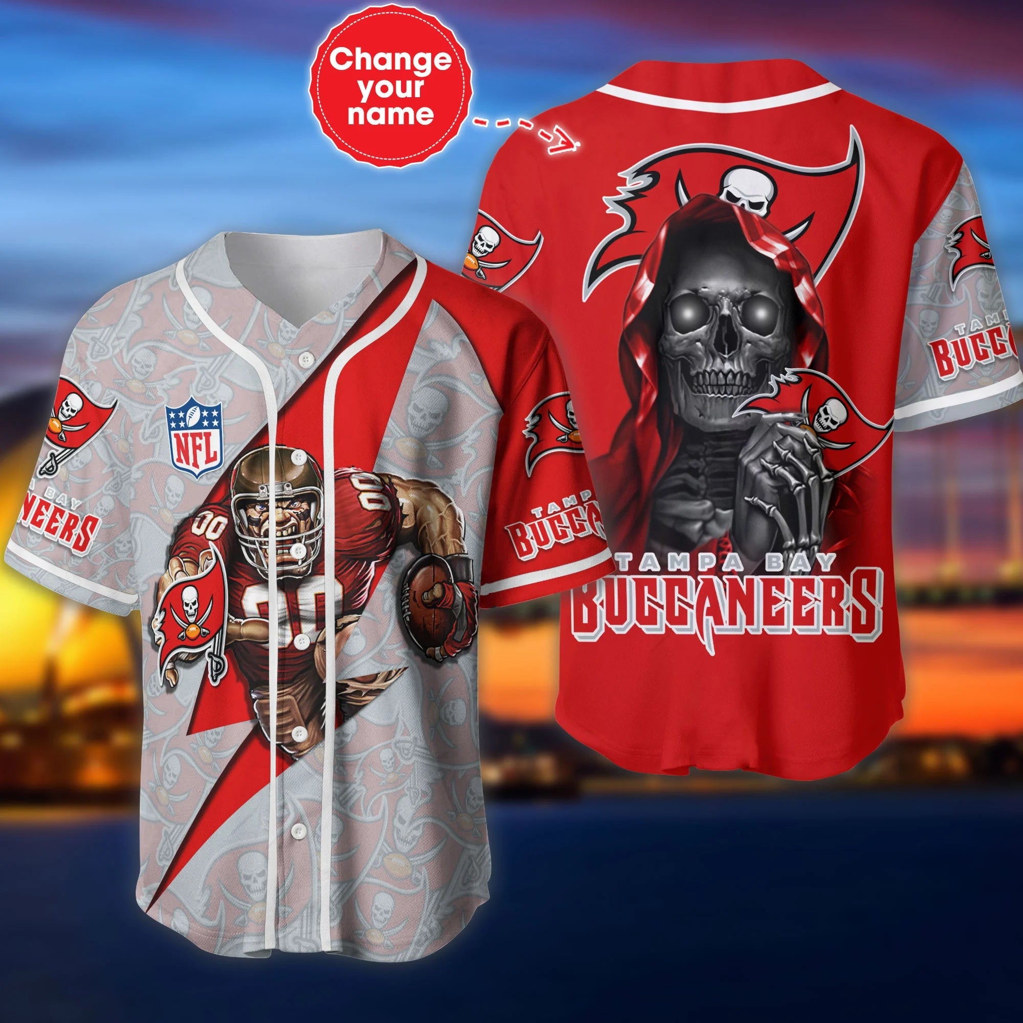 Tampa Bay Buccaneers Baseball Jersey Shirt Skull Custom Name