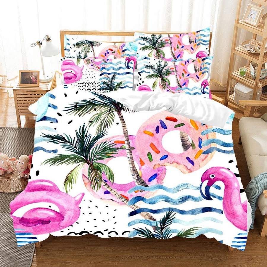 3D Watercolor Flamingo Lifebuoy Palm Tree Quilt Cover Set Bedding Set Pillowcases 149