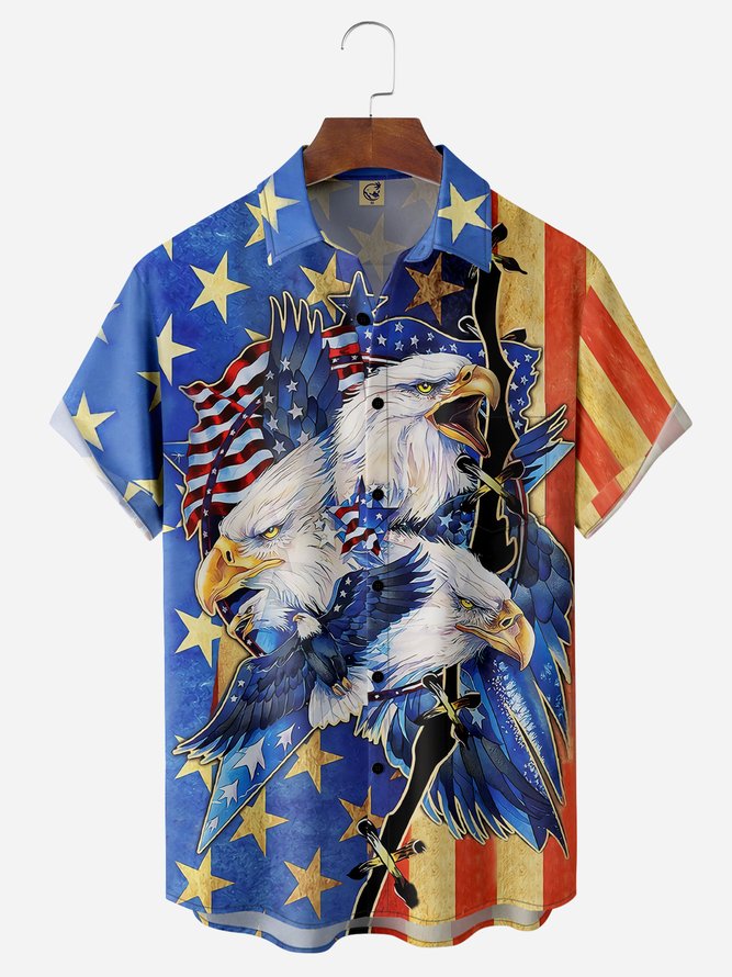 Usa Flag Eagle Chest Pocket Short Sleeve Casual Shirt Hawaiian Shirt