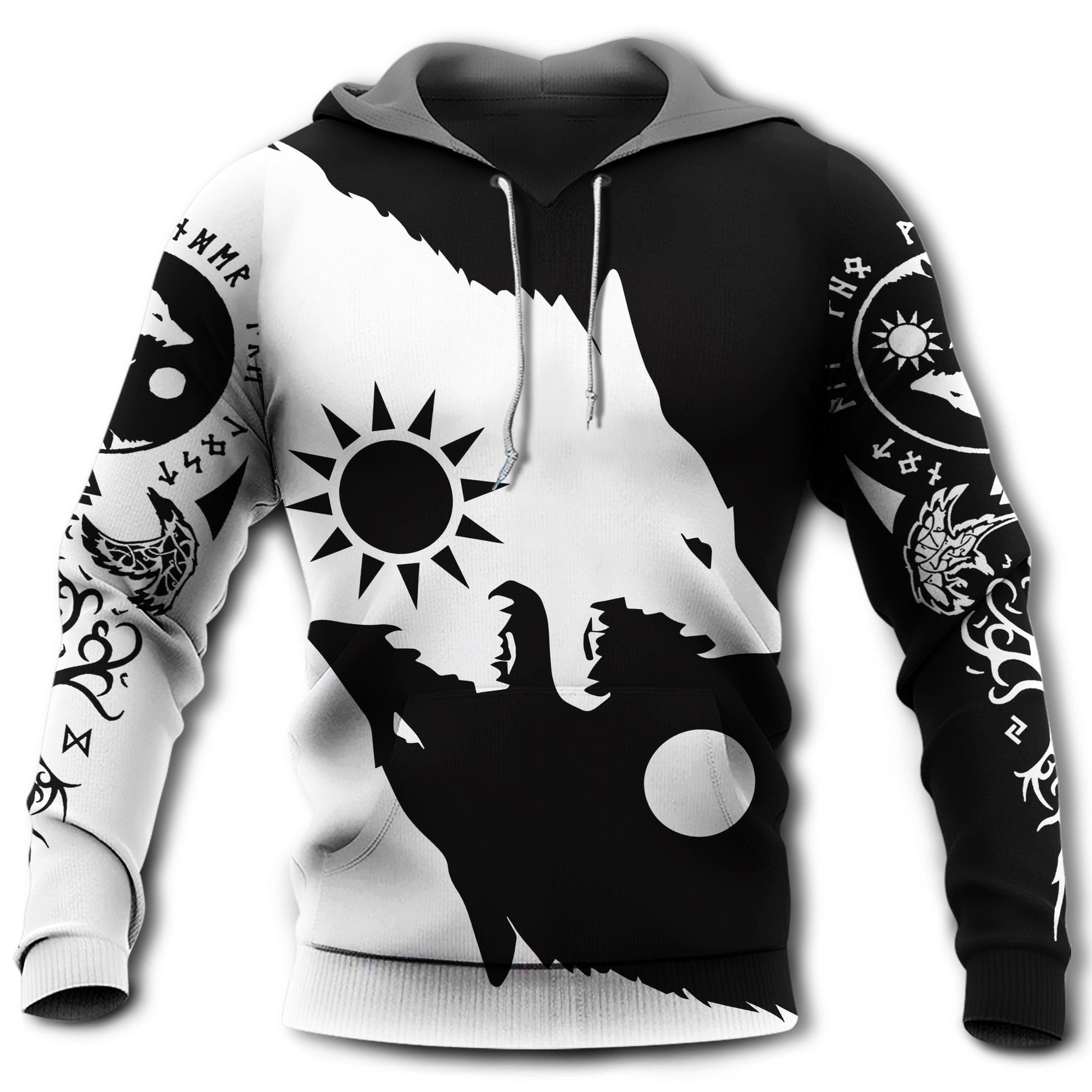 Viking Wolf Loves Moon Black And White Nice Pattern – Hoodie