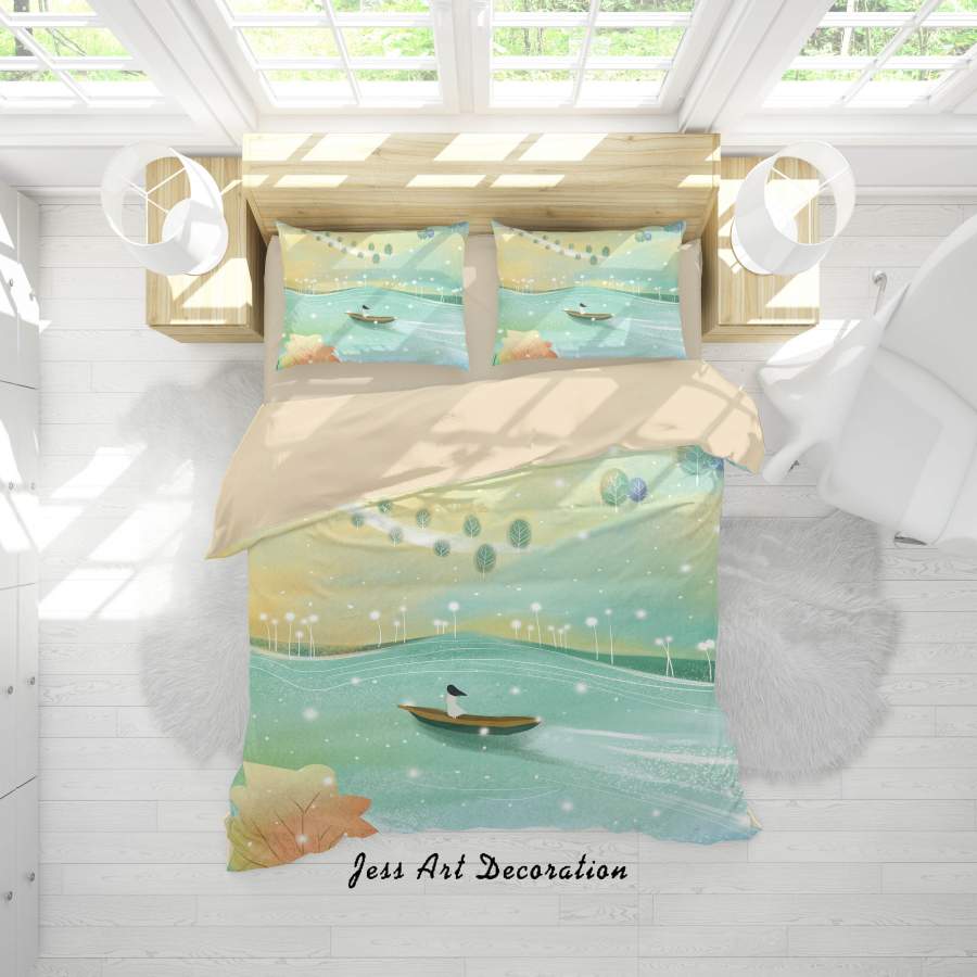 3D Cartoon Girl Lake Boat Quilt Cover Set Bedding Set Duvet Cover Pillowcases A557 LQH