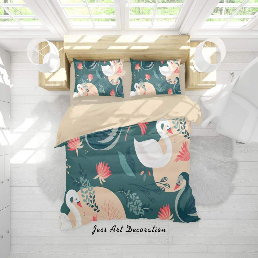 3D Cartoon Swan Flower Quilt Cover Set Bedding Set Duvet Cover Pillowcases A386 LQH