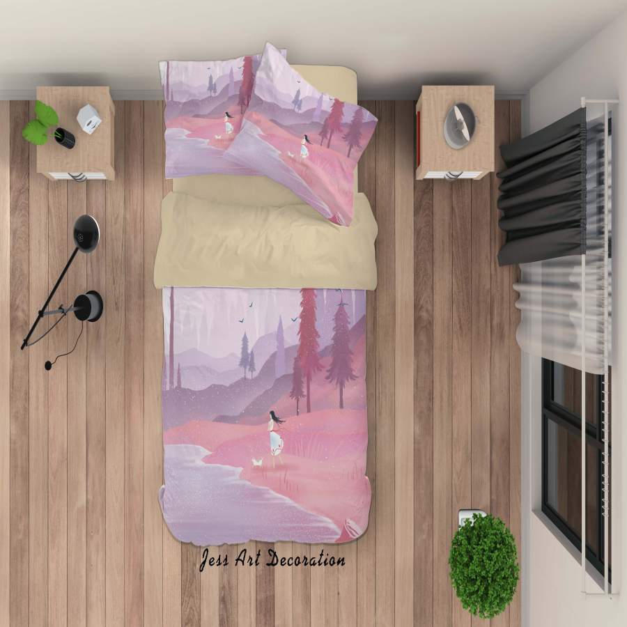 3D Pink Hillside Tree Girl Painting Quilt Cover Set Bedding Set Duvet Cover Pillowcases A454 LQH