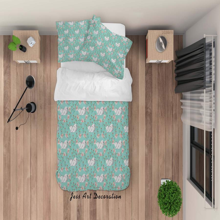 3D Green Cat Floral Quilt Cover Set Bedding Set Duvet Cover Pillowcases SF147