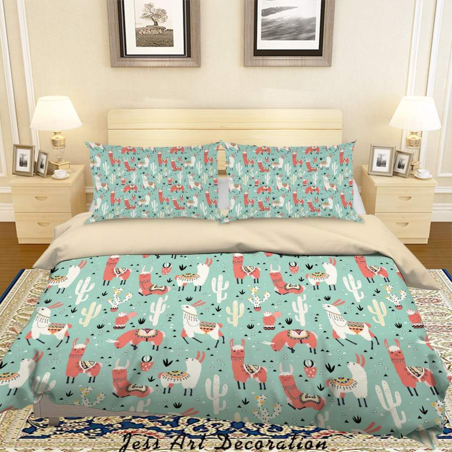 3D Green Alpaca Cactus Triangle Quilt Cover Set Bedding Set Duvet Cover Pillowcases SF03