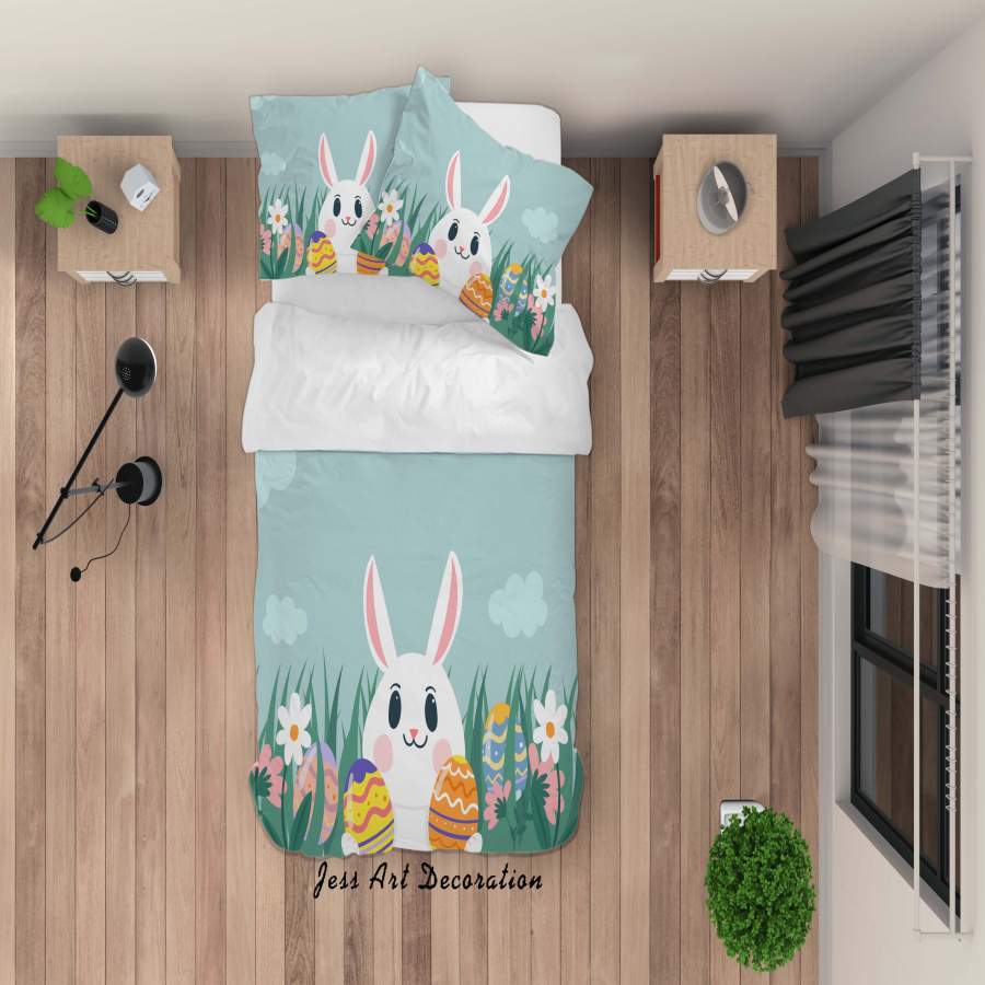 3D Green Rabbit Floral Eggs Quilt Cover Set Bedding Set Duvet Cover Pillowcases SF05